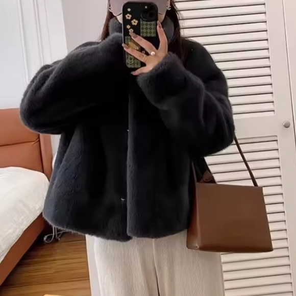 Women Faux Fur Coat, Mink Fur Integrated Short Stand Collar - Picture 10 of 13